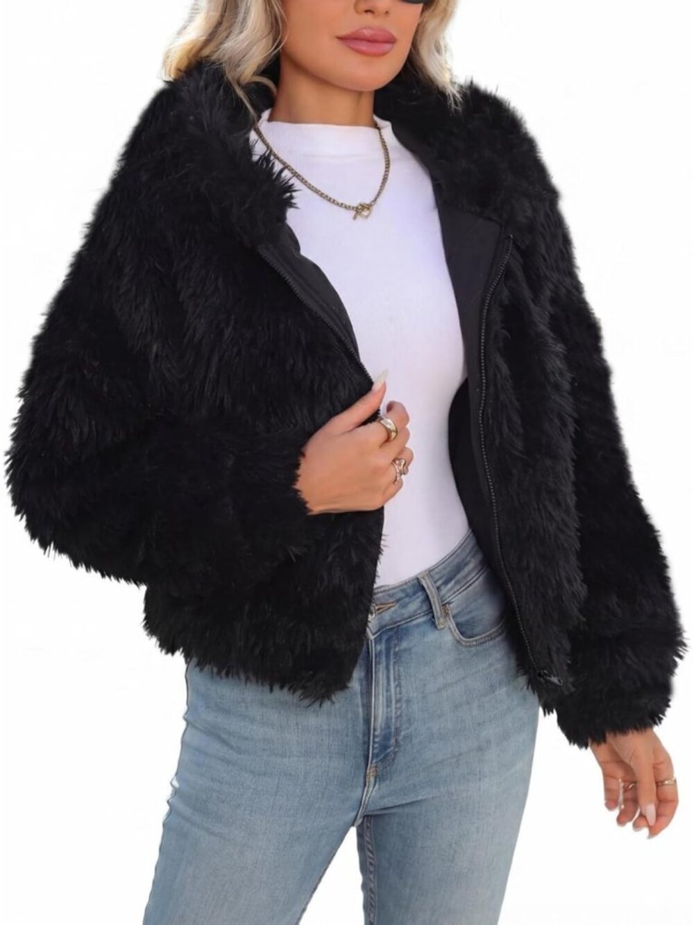 Women's Black High Spread Collar Hood Long Sleeve Full Zip Winter Fleece Jacket